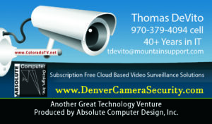 DenverCameraSecurity LOGO Business Card including TV production www.coloradotv.net and Company Slogan.