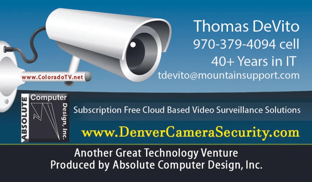 DenverCameraSecurity LOGO Business Card including TV production www.coloradotv.net and Company Slogan.