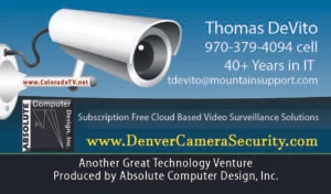 DenverCameraSecurity LOGO Business Card including TV production www.coloradotv.net and Company Slogan.